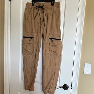 Mens PacSun Tan Cargo Pants Black zippers stretch open bottom Like New Small S